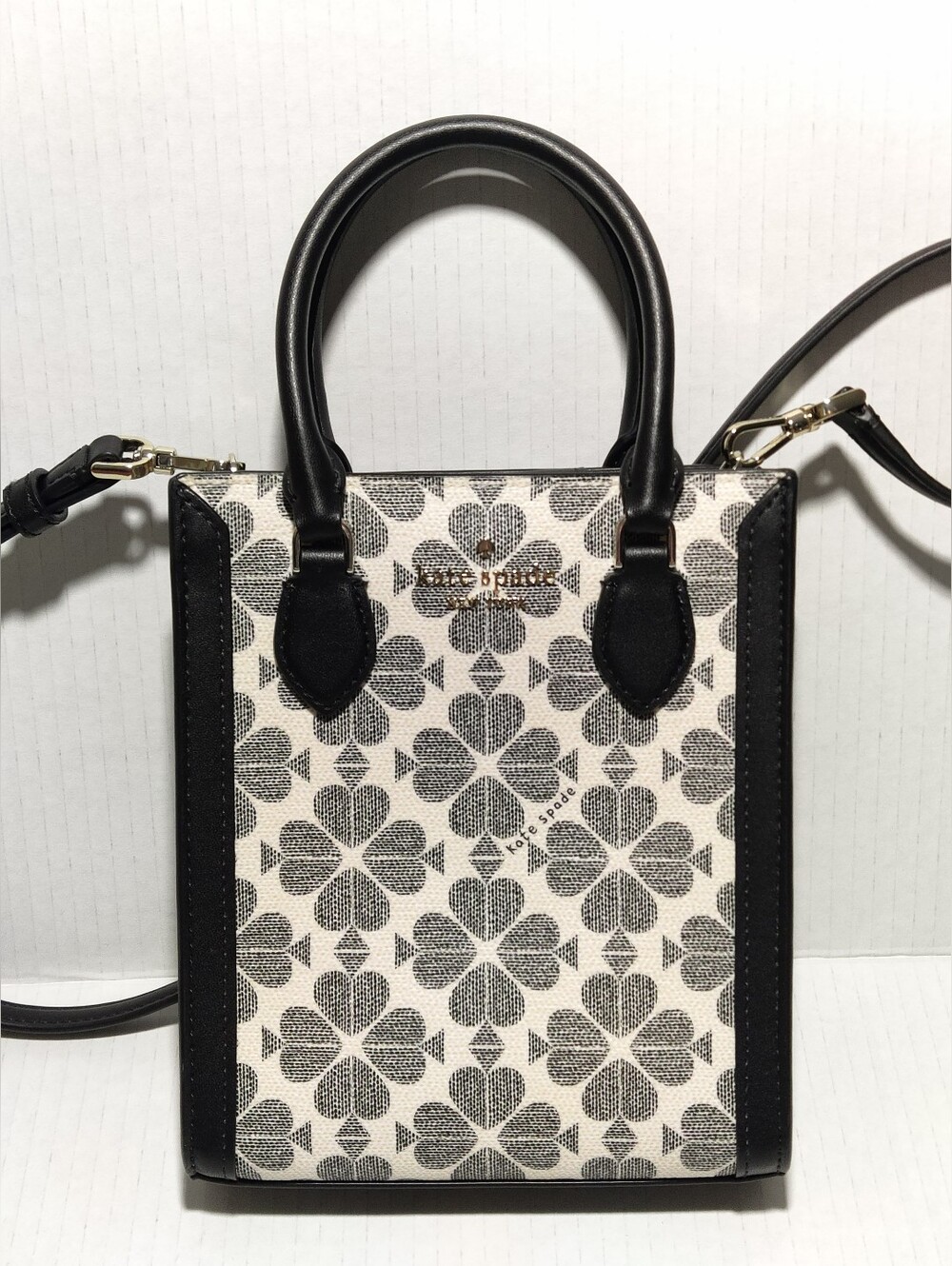 Kate Spade Spade Flower Jacquard Mini Tote Crossbody Bag Black Cream - Picture 3 of 14
